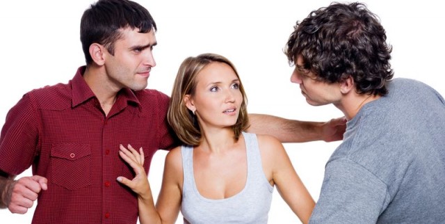 Two agressive men fight for the woman - isolated over white background
